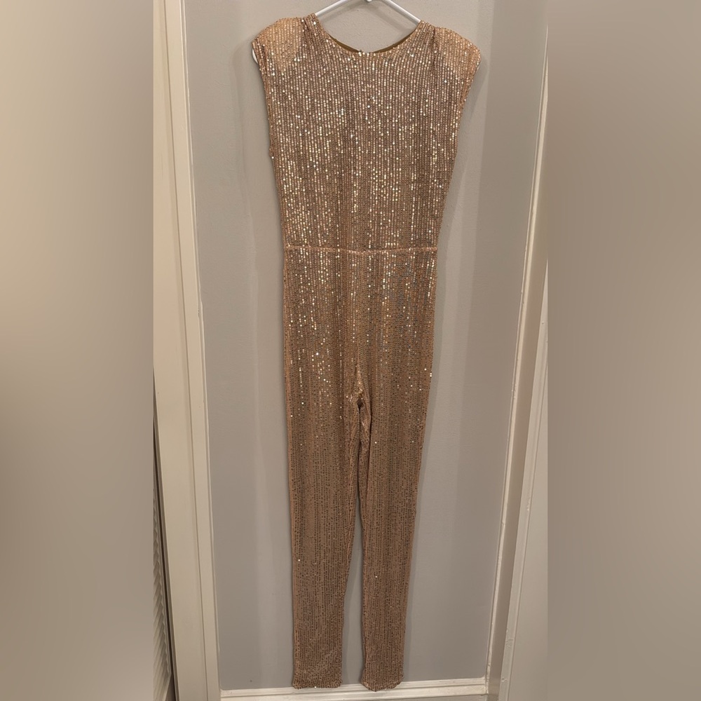 Champagne short sleeve sequin pantsuit - never worn
